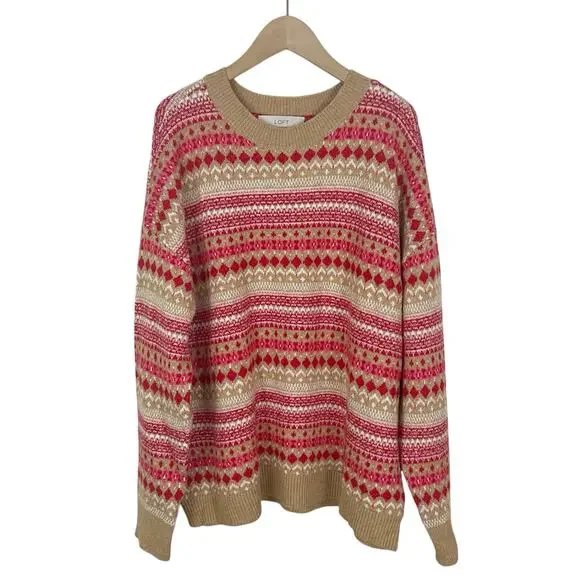 LOFT Striped Fair Isle Everyday Sweater Cotton Blend Red and Tan Size Large - Picture 3 of 7